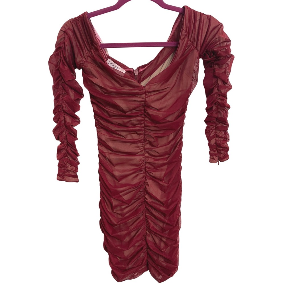 House of‎ CB Fifi Wine Red Ruched Tulle Mesh Bodycon Dress Glam XS ASO Beyoncé - Picture 2 of 4